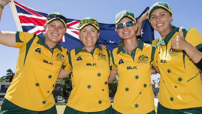 Carla Krizanic (third from left) with fours world champion teammates Natasha Scott, Rebecca Van Asch and Kelsey Cottrell. Picture: Bowls Australia