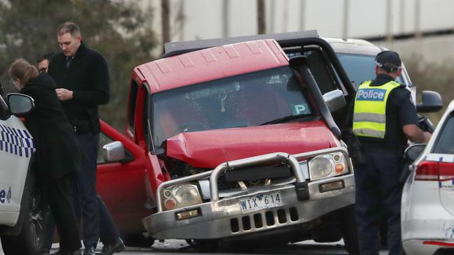 Two men are in custody after a ute with a blown tyre was used to ram a number of police cars during a pursuit in Melbourne’s north. Picture: David Crosling