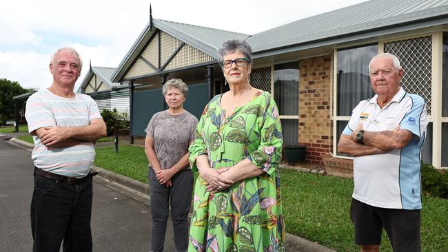 Retirement village residents, Kevin McRae and Colleen Duplock from Aveo The Parks, Kay Nyland from Mercy Health Coral Sea Gardens and Bruce Walters from Regis Whitfield. Picture: Brendan Radke