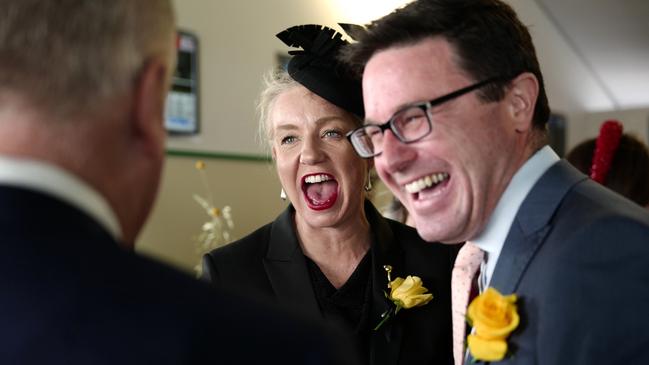 Victorian senator Bridget McKenzie and Nationals leader David Littleproud in the TAB marquee. Picture: Luis Enrique Ascui