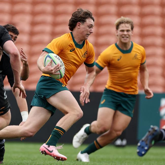 Rex Bassingthwaighte and Frankie Goldsbrough (right) pictured playing for the Australia U18s against the New Zealand Schools at FMG Stadium Waikato on October 06, 2024 in Hamilton, New Zealand.