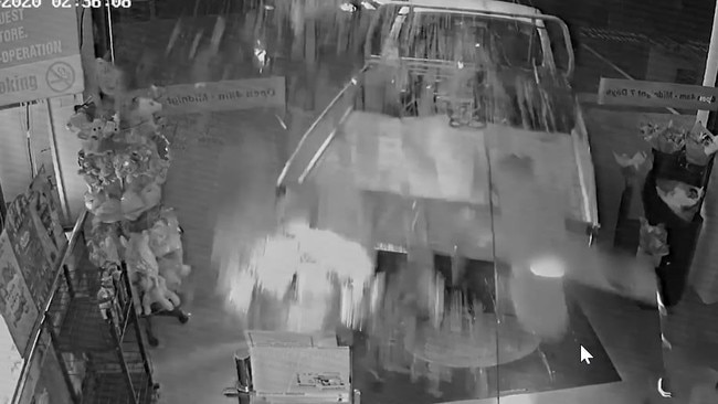 CCTV footage of Birkdale burglary with a stolen ute crashing through the shop’s glass doors. Picture: QLD Police