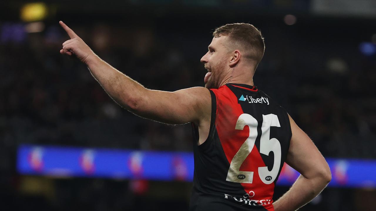 Jake Stringer of the Bombers after kicking a goal from the pocket 4th qtr during the round 17 AFL match between Essendon and Adelaide at Marvel Stadium on July 8, 2023. Photo by Michael Klein.