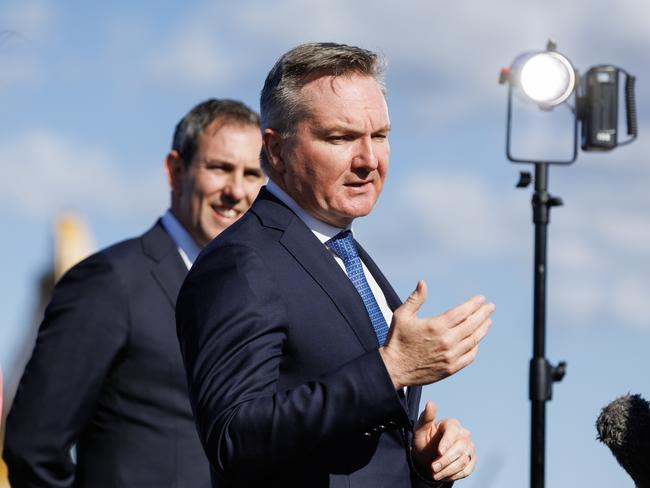 BRISBANE, AUSTRALIA - NewsWire Photos JULY 30, 2024:  Energy Minister Chris Bowen and Treasurer Jim Chalmers  at a press conference at Ampol Oil refinery at Lytton on Tuesday. Picture: NewsWire / Lachie Millard