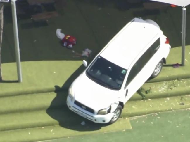 The car in the school grounds after the crash. Picture: Seven News