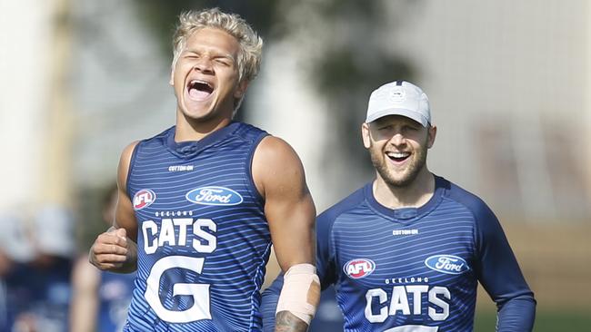 Quinton Narkle, left, and Gary Ablett at Geelong training. Picture: Alan Barber