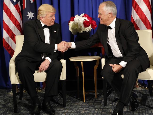 President Donald Trump meeting then Prime Minister Malcolm Turnbull aboard the USS Intrepid, May 2017. Picture: AP Photo/Pablo Martinez Monsivais