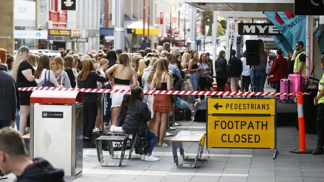 Teenagers lined Hobart’s streets from 4am to see YouTube makeup guru Michael Finch. Picture: MATT THOMPSON