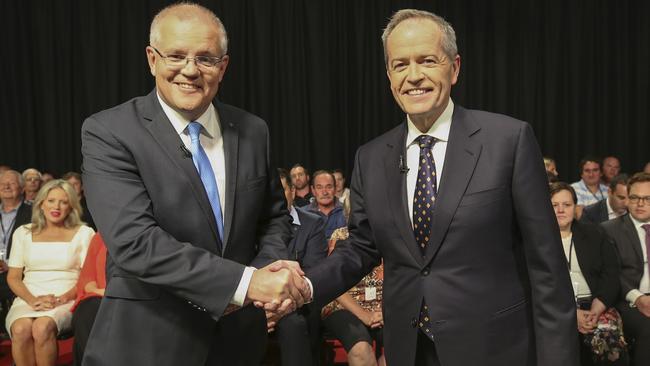 Scott Morrison and Bill Shorten shake hands before last night’s leaders debate in Perth. Picture: Nic Ellis / The West Australian