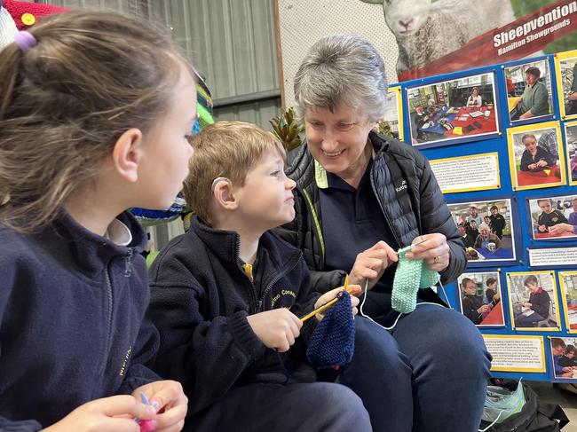 Merino Consolidated School students with the Digby Knitting Ladies who visit the school each week to teach students how to knit.