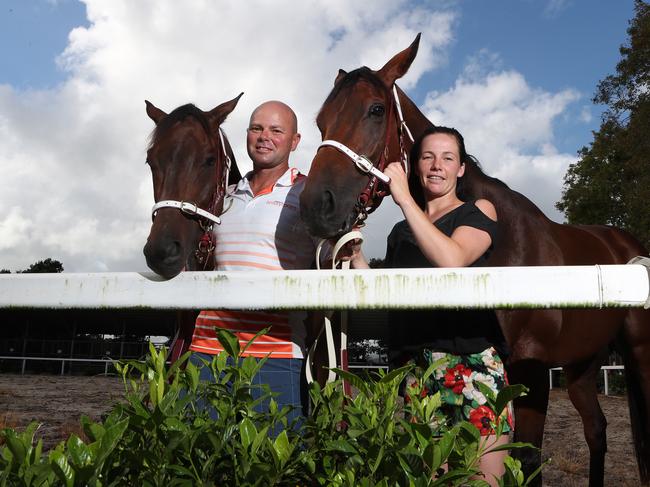 Murwillumbah race horse trainer Matthew Dunn and wife Keira Dunn with two of their Country Championships contenders , 'Perfect Dane and Delightful Feeling'.Picture by Scott Fletcher