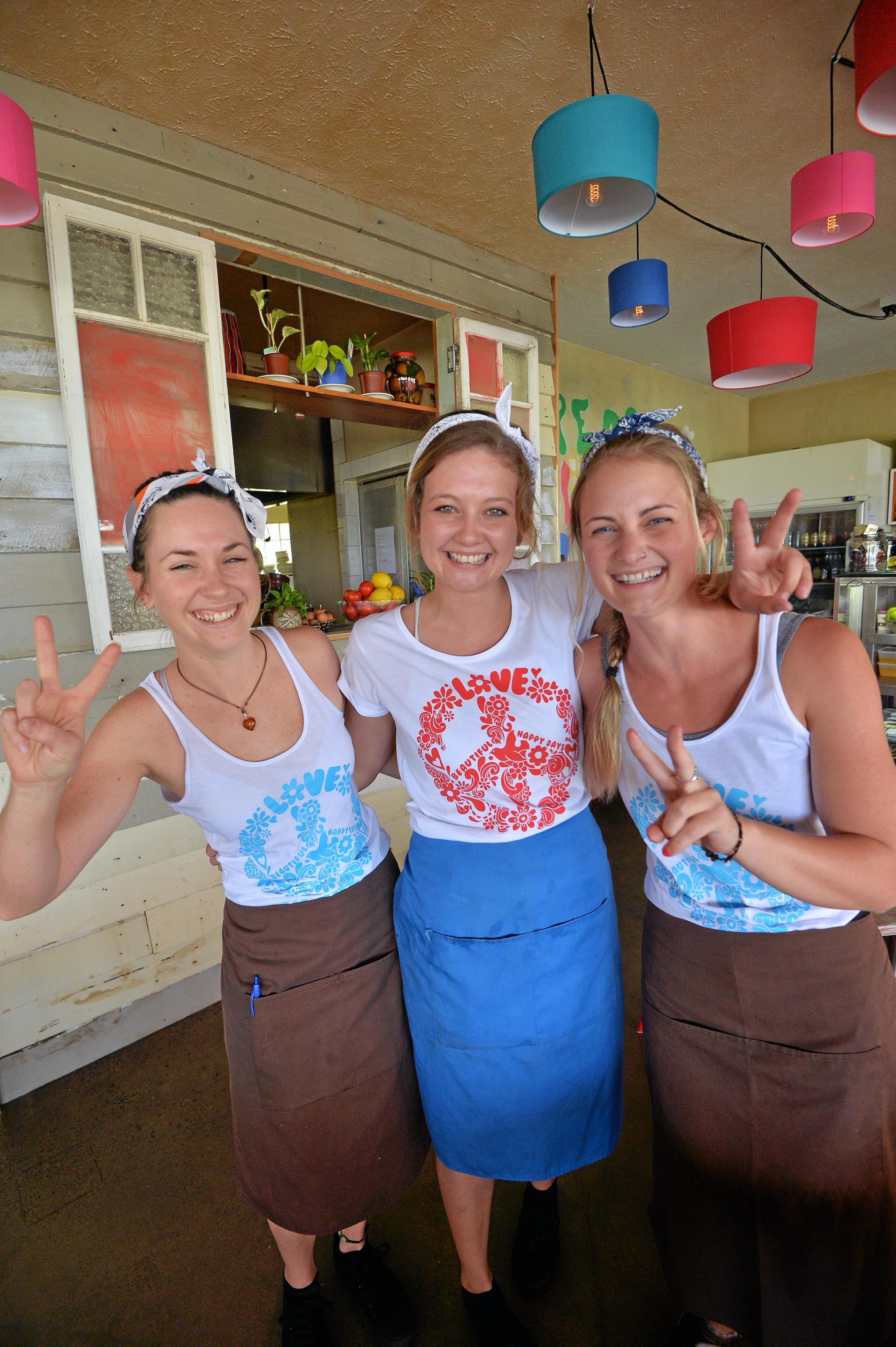 Inspired by the Dailys stories on the need for beach shacks, popular Coolum restaurant MyPlace has transformed its inside into a beach shack. Restaurant manager, Ashlee Rutherford, and staff Julia Blahuta, Hailey sensenig. Picture: Patrick Woods