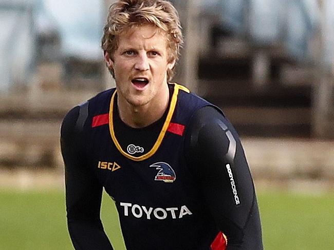 Adelaide Crows closed training session this morning before facing Sydney at the Adelaide Oval on Friday night. Rory Sloane. Picture Sarah Reed