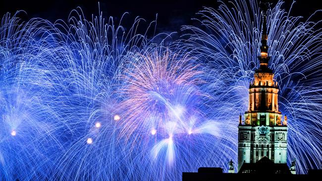 Fireworks explode behind the Moscow State University during the Victory Day celebrations. Picture: AFP.