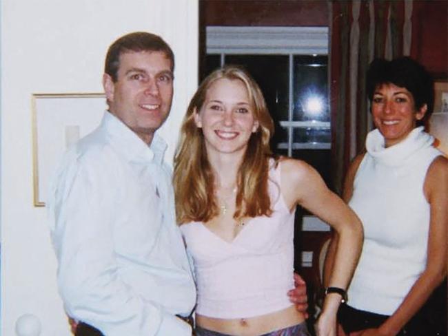 Prince Andrew, Virginia Giuffre and Ghislaine Maxwell pose for a photo at an undisclosed location. Picture: US District Court Southern District of New York/AFP