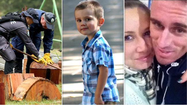 Police searchers, missing boy William Tyrrell and William’s biological parents Karlie and Brendan.