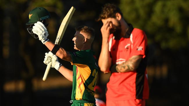 McDermott celebrates a century for Tasmania against South Australia in September. Picture: AAP Image