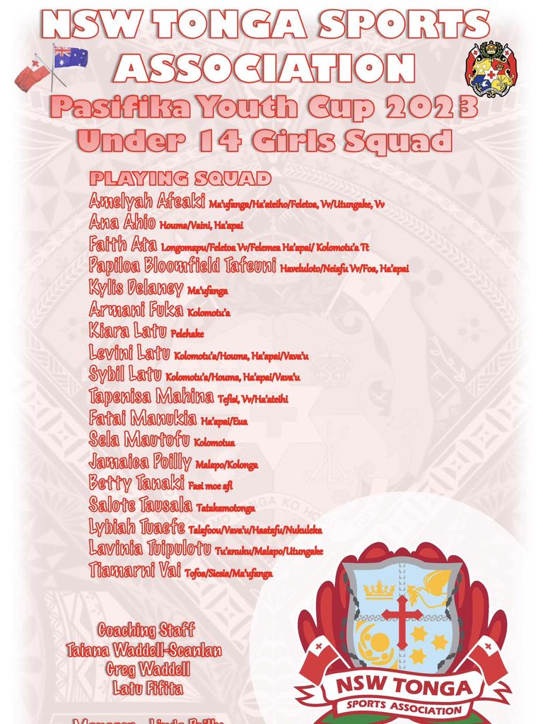 Tonga U14s girls team for Pasifika Cup.