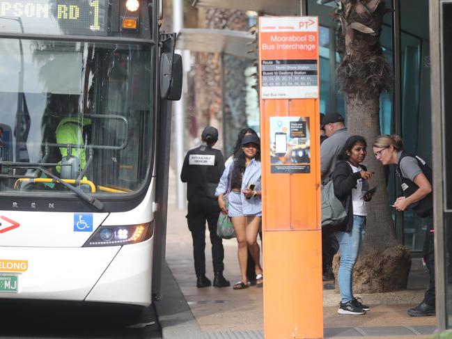 Police and Public Transsport officer carried out a joint operation targeting shoplifting and fare evasion in Westfield and at Moorabool Street bus stop on Easter Monday. Picture: Alan Barber