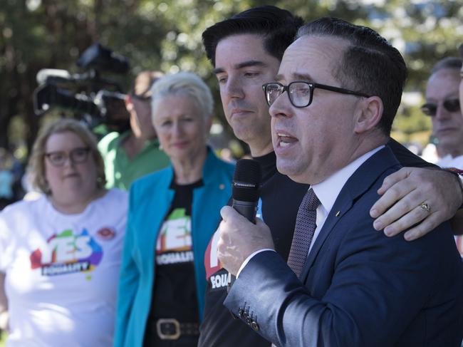 Alan Joyce and his partner Shane Lloyd after Australians voted to allow same-sex marriage in 2017. Picture: Cole Bennetts/Getty