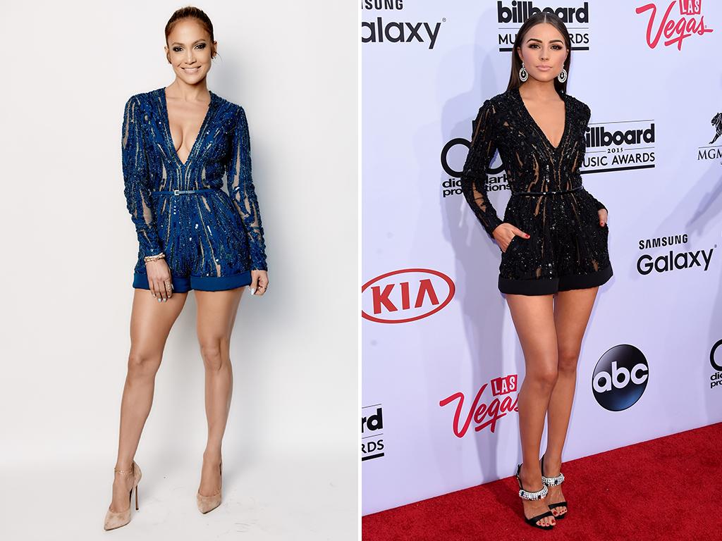 All work and no play makes for dull red carpets, which is why we loved this Elie Saab playsuit rocked by Jennifer Lopez on American Idol and Nick Jonas’ love Olivia Culpo this week. Who wore the Elie Saab playsuit better? Picture: Getty