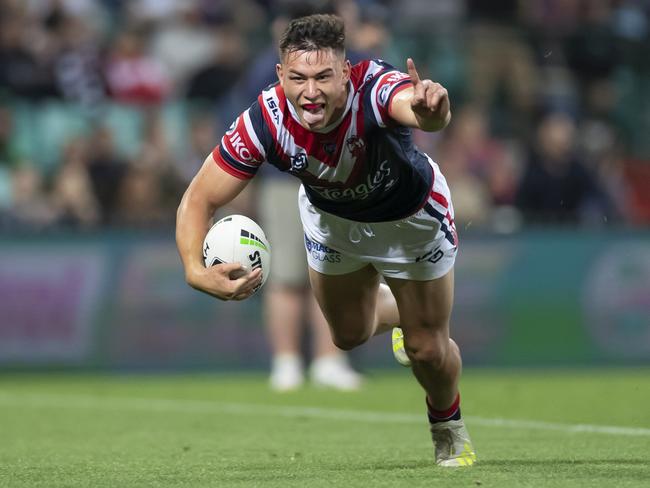 Joseph Manu of the Roosters celebrates scoring a try but it was later disallowed during the NRL Preliminary Final match between the Sydney Roosters and Melbourne Storm at the SCG in Sydney, Saturday, September 28, 2019. (AAP Image/Craig Golding) NO ARCHIVING, EDITORIAL USE ONLY