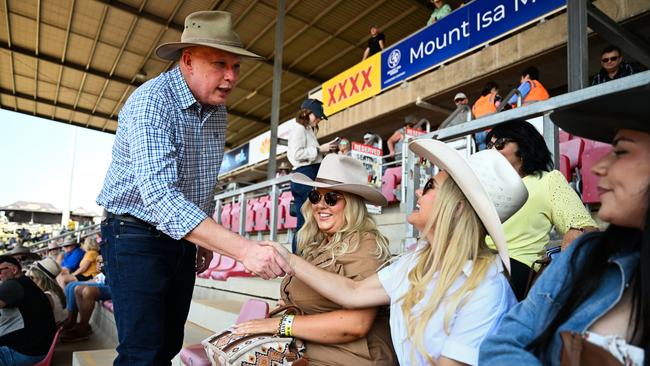 Opposition Leader Peter Dutton chats to spectators at the Mount Isa Mines Rodeo on Friday. Picture: Getty Images