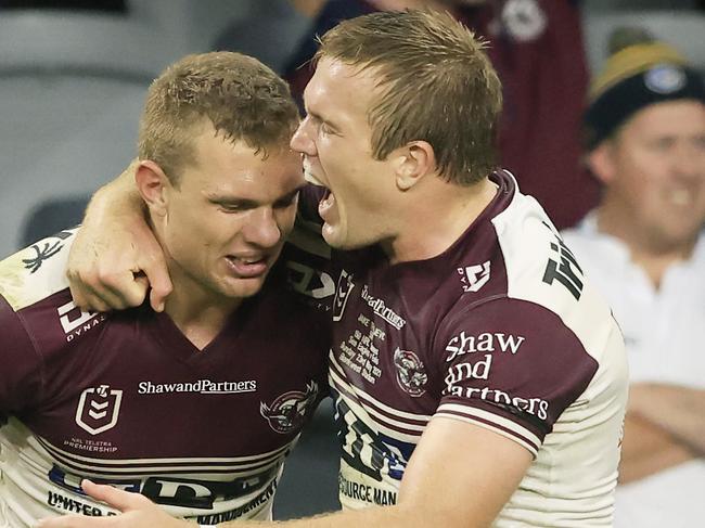 SYDNEY, AUSTRALIA - MAY 23:  Tom and Jake Trbojevic of Manly celebrate their win during the round 11 NRL match between the Parramatta Eels and the Manly Sea Eagles at Bankwest Stadium, on May 23, 2021, in Sydney, Australia. (Photo by Mark Evans/Getty Images)