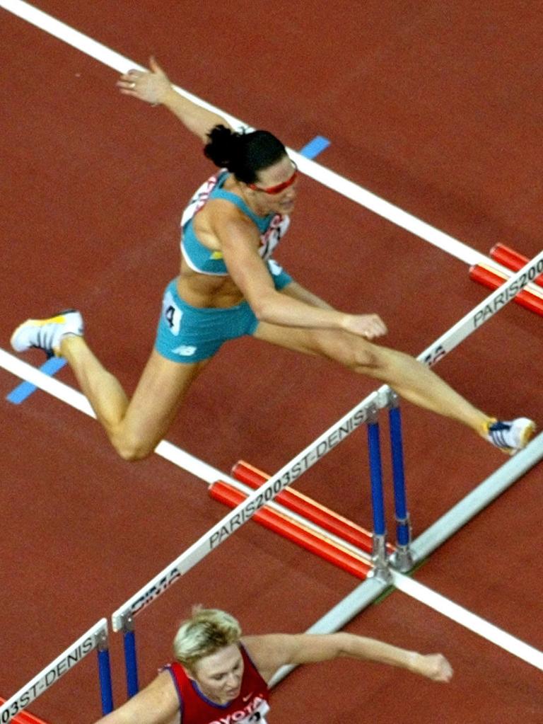 Aussie great Jana Pittman was in full flow on her way to winning the women’s 400m hurdles at the 2003 World Championships at Stade de France in Saint Denis on August 28 that year. Picture: AFP