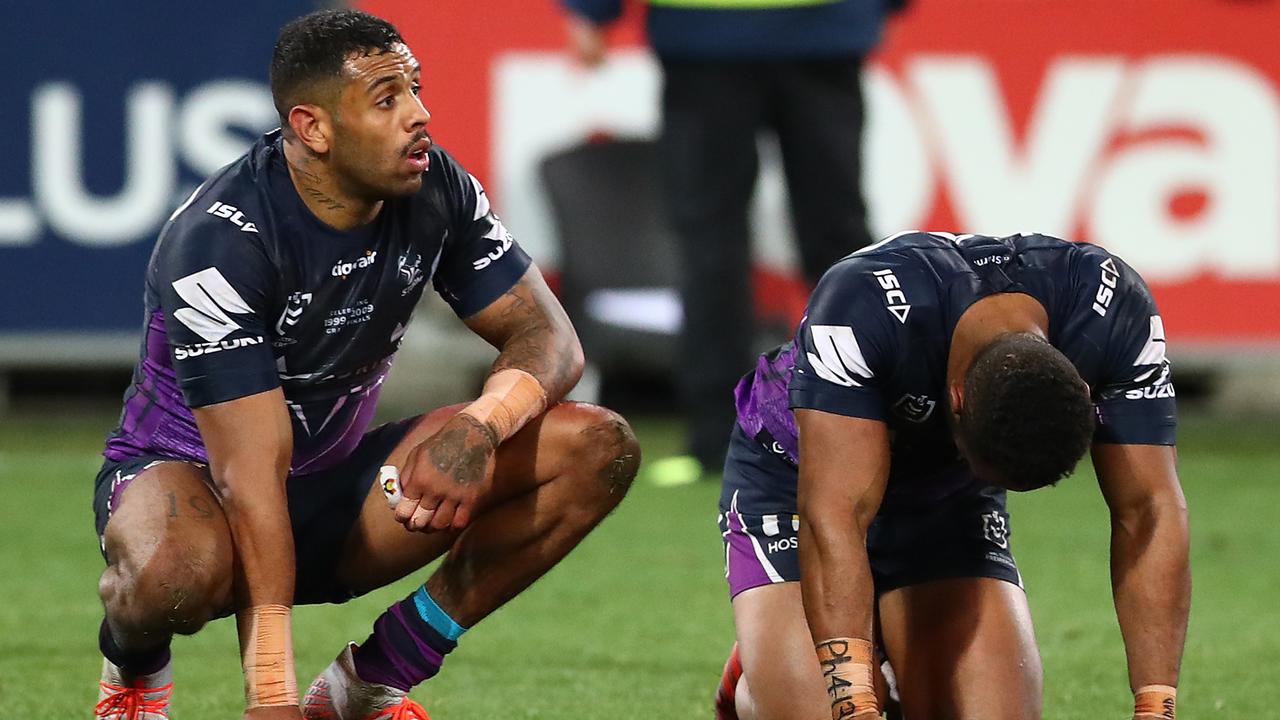 Josh Addo-Carr and Justin Olam digest the Storm’s 89th minute golden point loss to Manly.