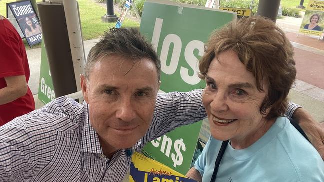 Mayoral candidate Andrew Laming and his mother Estelle at the Capalaba pre-polling booth. Picture: Facebook