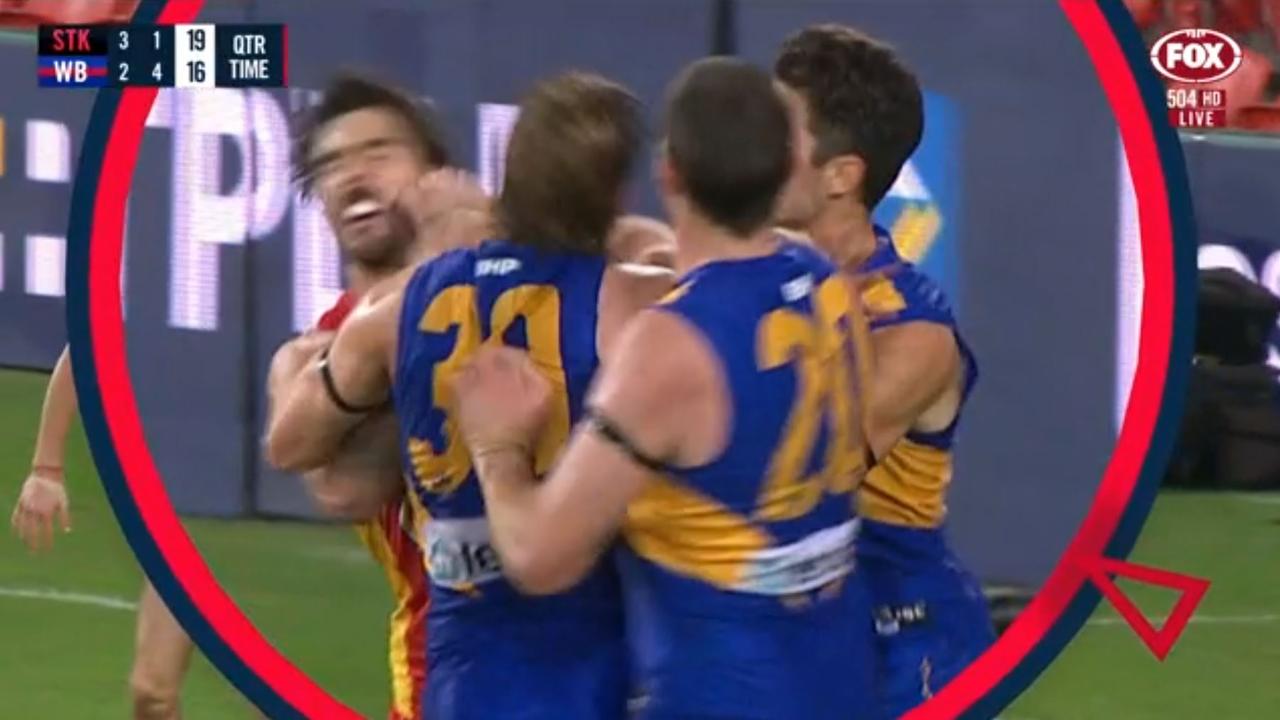 A screengrab of Jeremy McGovern striking Alex Sexton.