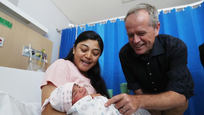 Opposition Leader Bill Shorten meets new mother, Fatima, and her yet to be named daughter  born yesterday at Bundaberg hospital. Picture: Lyndon Mechielsen