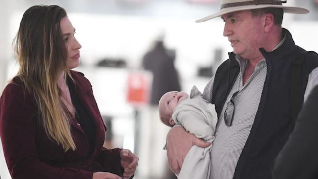 Vikki Campion, baby Sebastian and Barnaby Joyce arrive in Perth for the Katanning rally. Picture: Channel 9