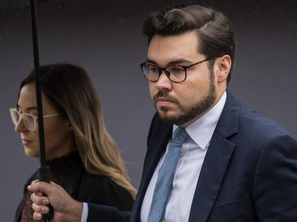 Bruce Lehrmann arrives with a member of his legal team to give evidence in front of an ACT Supreme Court jury on the third day of the trial on October 06, 2022 in Canberra. Picture: Martin Ollman/Getty Images