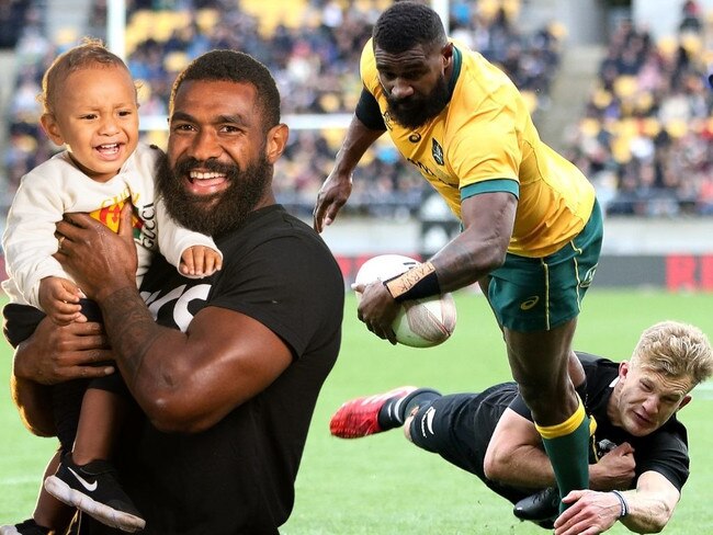 Wallabies winger Marika Koroibete was reunited with his son Isaiah after 17 weeks apart. Picture: Stuart Walmsley/Rugby Australia