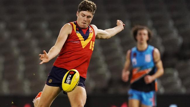 South Australia’s Harry Schoenberg kicks for goal during the AFL under-18 championships match against the Allies. Picture: Michael Dodge (AFL Photos via Getty Images)