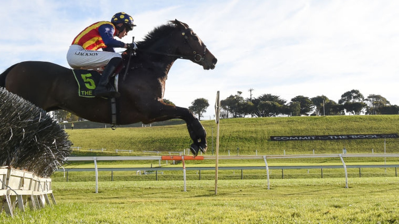 Ablaze (NZ) ridden by Shane Jackson jumps a steeple on the way to winning the Waterfront by Lyndoch Living Grand Annual Steeplechase at Warrnambool Racecourse on May 05, 2020 in Warrnambool, Australia. (Pat Scala/Racing Photos via Getty Images)