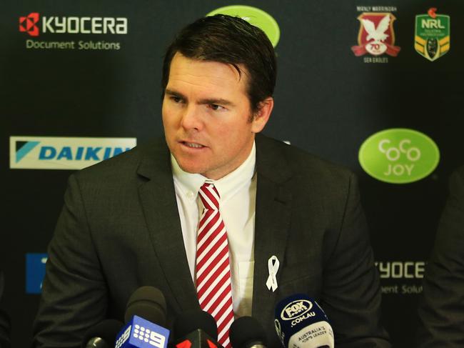 Jamie Lyon , with Chairman Scott Penn and Coach Trent Barrett at a press conference at Manly HQ, Narrabeen, announcing that he won't play in Manly's last home game of the season at Brookvale. pic Mark Evans