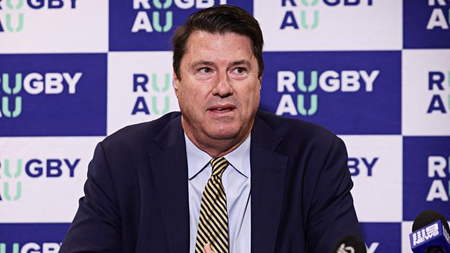 DAILY TELEGRAPH JUNE 4, 2023. Chairman Hamish McLennan of Rugby Australia speaking at a press conference at Alianz stadium more park. Picture: Adam Yip