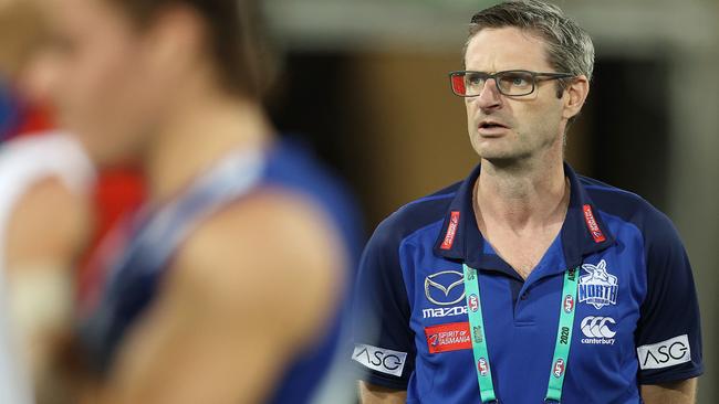 AFL Round 18. 17/09/2020. North Melbourne vs West Coast Eagles at Metricon stadium, Gold Coast. Brady Rawlings, general manager of football looks on at qtr time. Pic: Michael Klein