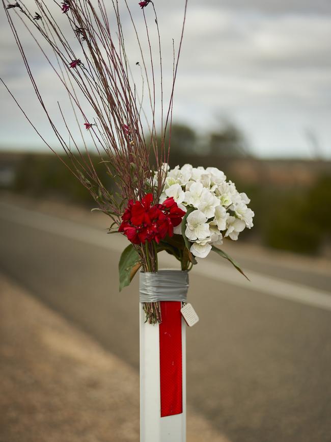 Flowers left at the crash site at Walker Flat. Picture: Matt Loxton