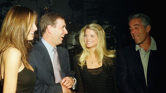 Melania Trump, Prince Andrew, Gwendolyn Beck and Jeffrey Epstein at a party at the Mar-a-Lago club, Palm Beach, Florida, February 12, 2000. Picture: Davidoff Studios/Getty Images.