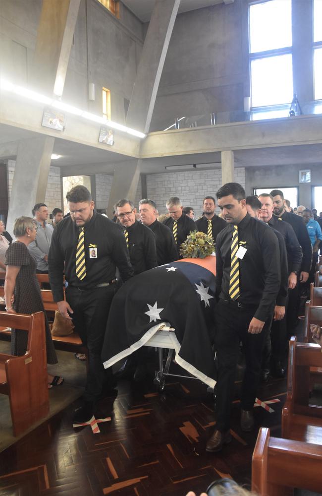 The incoming pallbearers included Mark Monaghan MLA, Chansey Paech MLA, Paul Kirby MLA, Joel Bowden MLA, Brent Potter MLA, Dheran Young MLA, Michael Gunner, and Birrigan Young. Picture: Sierra Haigh