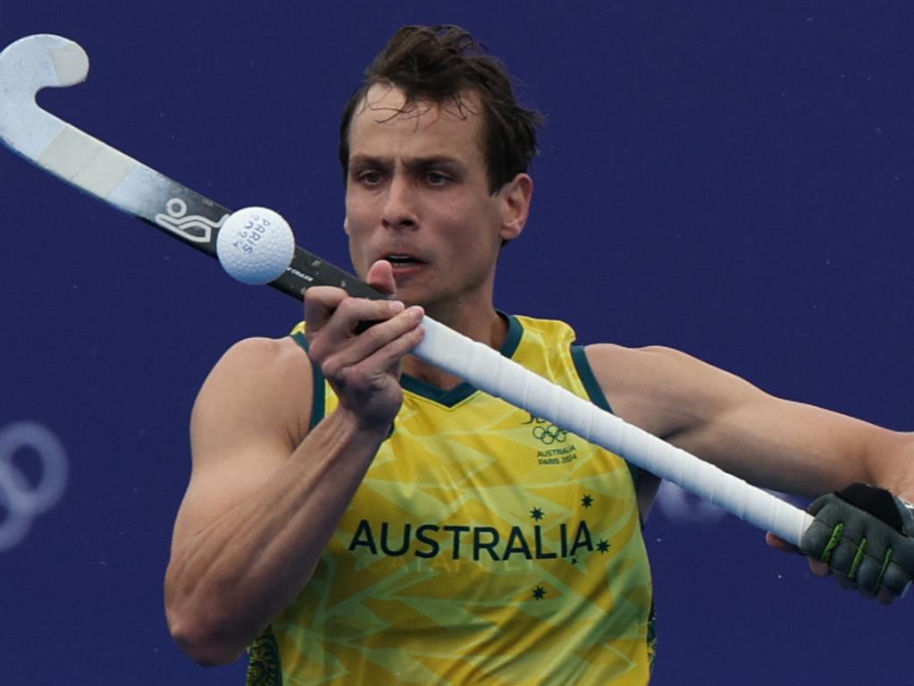 Thomas Craig controls the ball during the Kookaburras’ win against Argentina. Picture: AFP