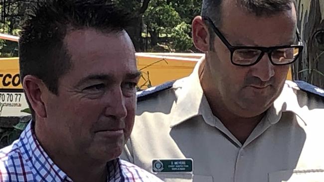 Lands and Forestry Minister Paul Toole and Scott Myers, Chief Inspector, RSPCA, at the RSPCA site in Yagoona. Picture: Lawrence Machado
