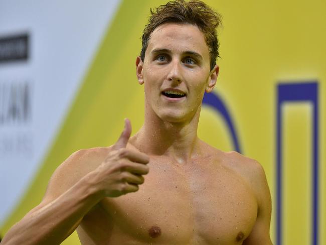 Cameron McEvoy gestures after the men's 4x100m freestyle relay final on the final day of the 2016 Australian Olympic swimming trials in Adelaide on April 14, 2016. / AFP PHOTO / David Mariuz / IMAGE STRICTLY FOR EDITORIAL USE - STRICTLY NO COMMERCIAL USE