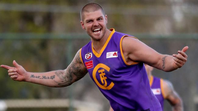 Cameron Cloke celebrates a goal for Jacana in the grand final earlier this month. Picture: Mark Dadswell