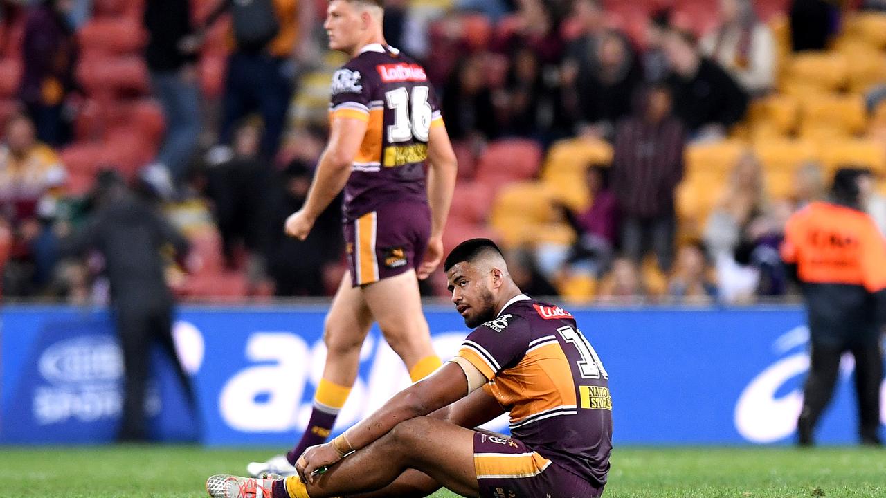 Payne Haas of the Broncos looks dejected after his team loses the round 20 NRL match between the Brisbane Broncos and the Melbourne Storm