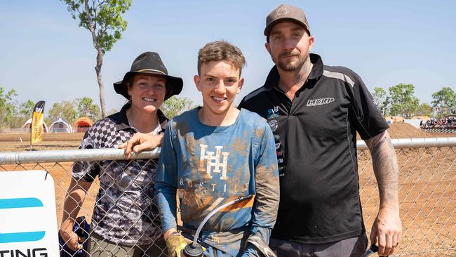 Nicole Coiney, Keegan Coiney and Glenn Coiney at the 2023 KTM Australian Junior Motocross Championships, Darwin, NT, Australia. Picture: Pema Tamang Pakhrin